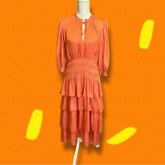 NWT Maje Orange ‘Radjinette’ Tiered Ruffle Satin Midi Dress French Size 42 = XL - Picture 3 of 16